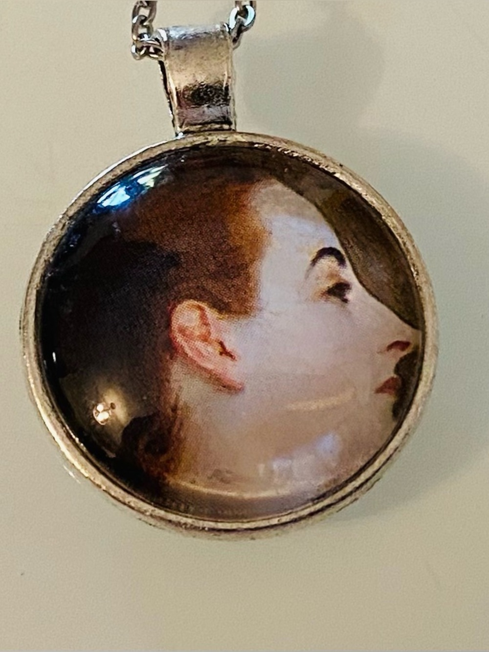 Vintage Fine Art Portrait Necklace, Renaissance Profile Woman Pendant, Upcycled
